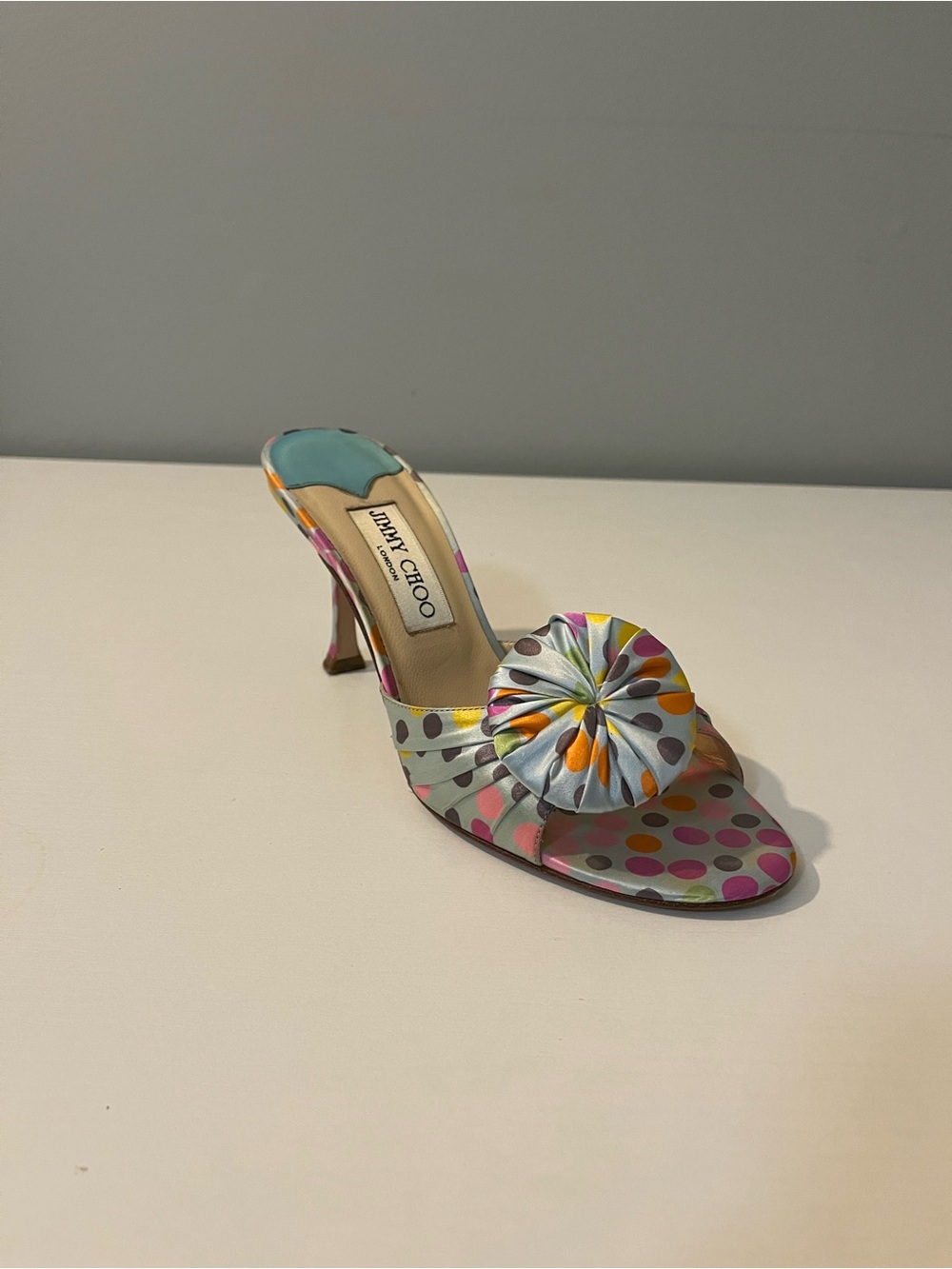 Jimmy Choo Satin Polka Dot Mule in Pink, Orange, Yellow, Green, Gray